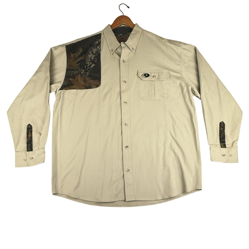 Mossy Oak Shooter Shirt Men's XL Short Sleeve Tan Camo Heavy Cotton Right Hand